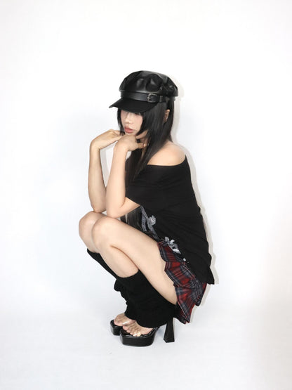 ONNASENSHI Red Plaid Handset Pleated Low Waist Pocket Women&
