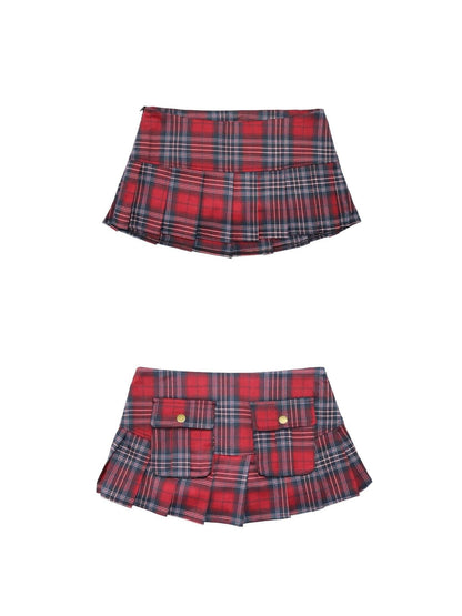 ONNASENSHI Red Plaid Handset Pleated Low Waist Pocket Women&