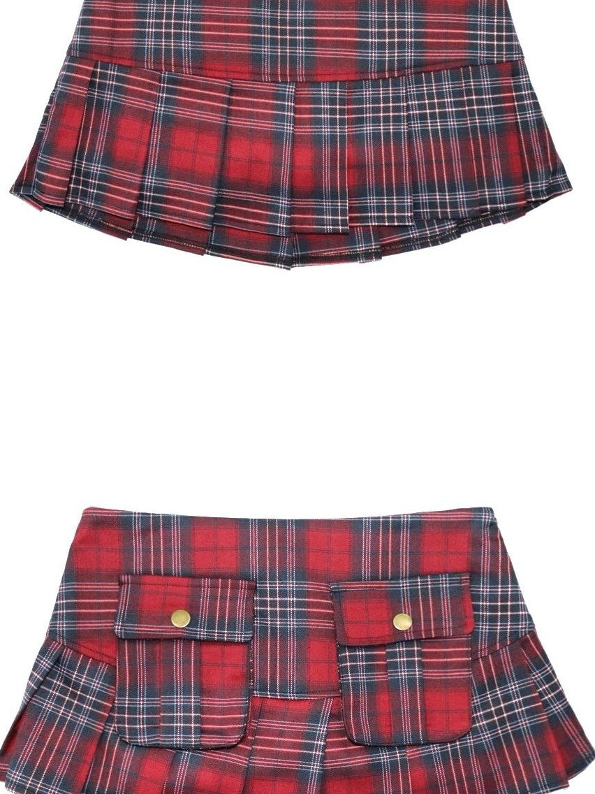 ONNASENSHI Red Plaid Handset Pleated Low Waist Pocket Women&