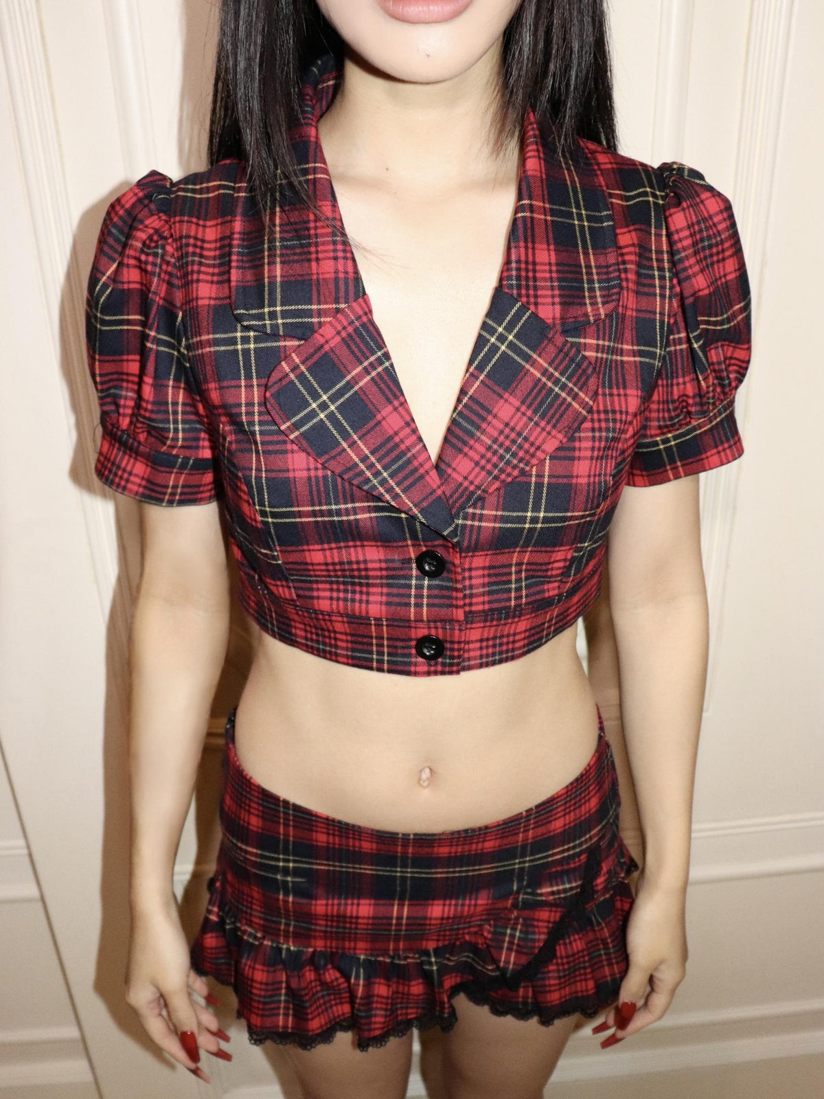 ONNASENSHI Red Plaid Pleated Puff Sleeve Lapel Women&