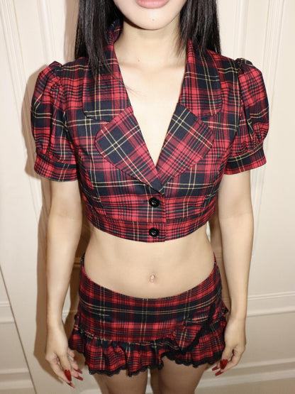 ONNASENSHI Red Plaid Pleated Puff Sleeve Lapel Women&