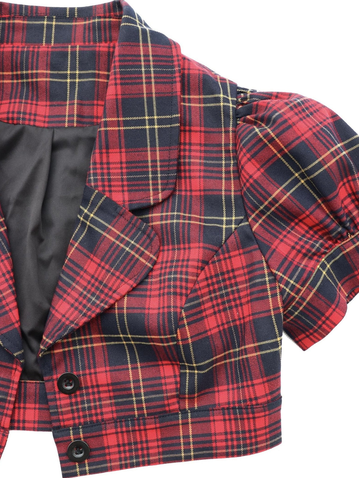 ONNASENSHI Red Plaid Pleated Puff Sleeve Lapel Women&