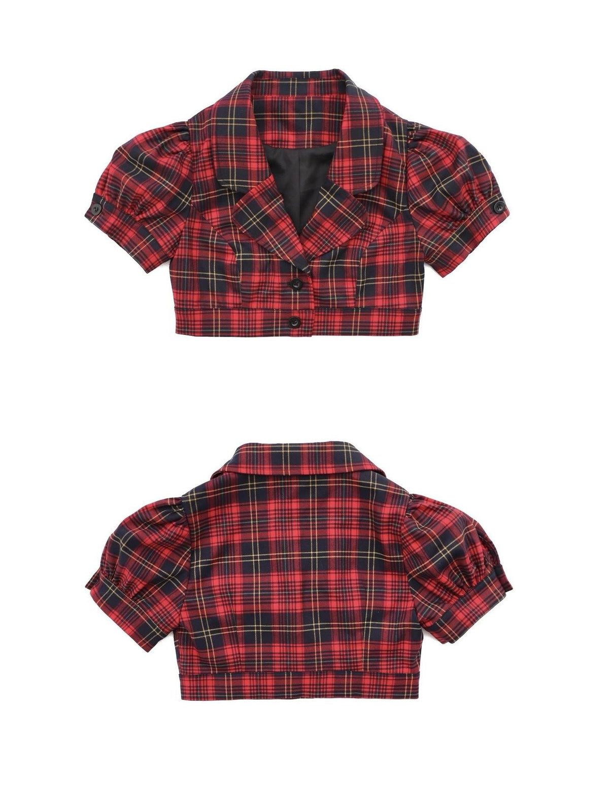 ONNASENSHI Red Plaid Pleated Puff Sleeve Lapel Women&