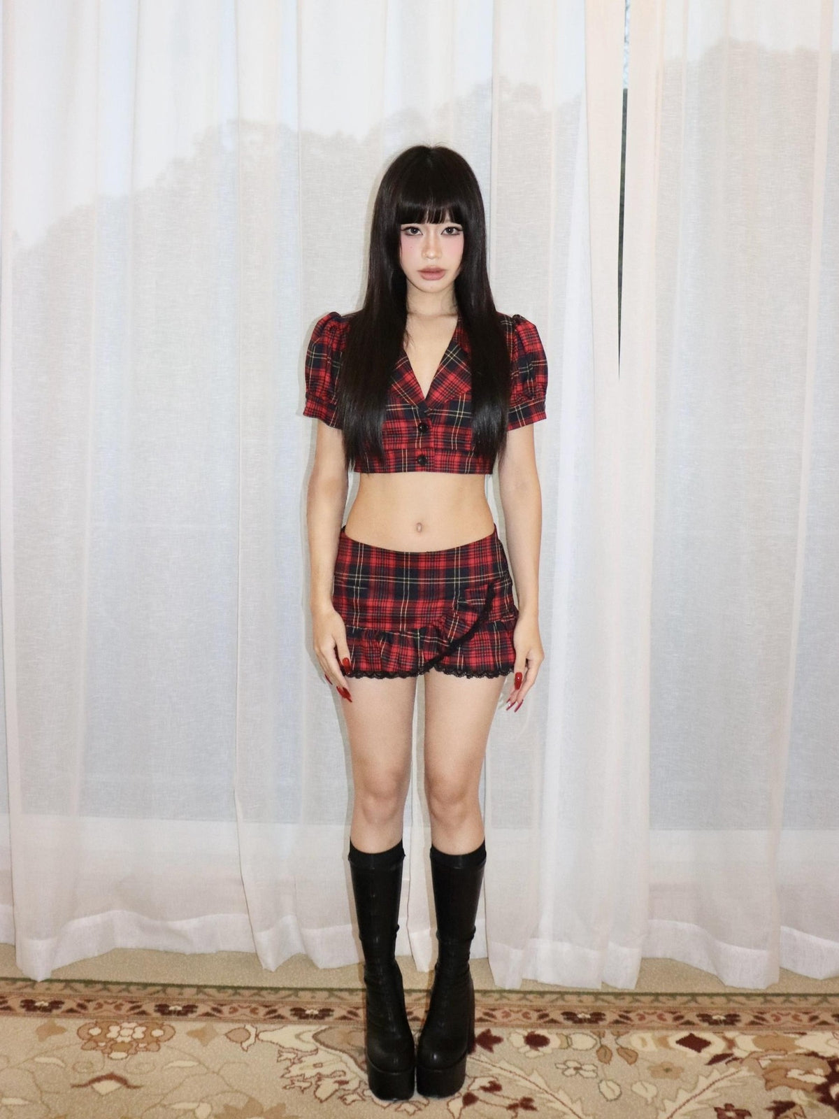 ONNASENSHI Red Plaid Pleated Puff Sleeve Lapel Women&