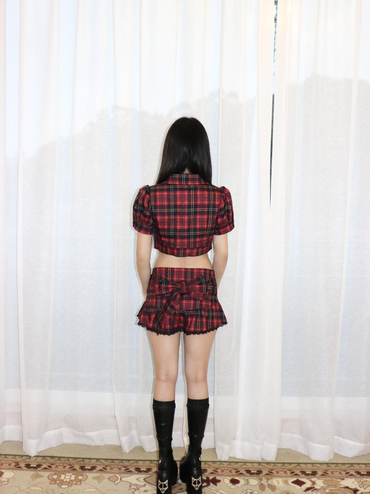 ONNASENSHI Red Plaid Pleated Puff Sleeve Lapel Women&