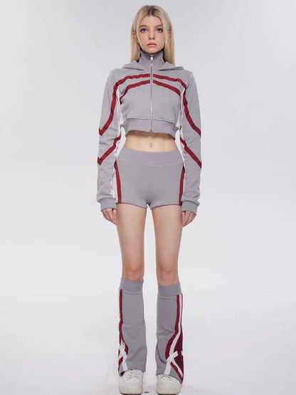 ONNASENSHI Retro Colorblock Hooded Micro Shorts Leg Warmers Women&