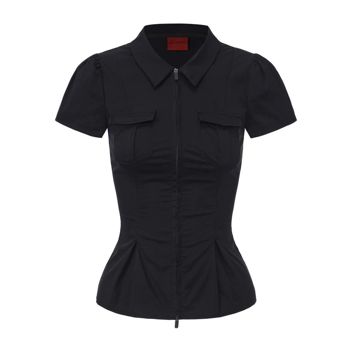 ONNASENSHI_Ruched_Puff_Sleeve_Zipper_Collar_Women&