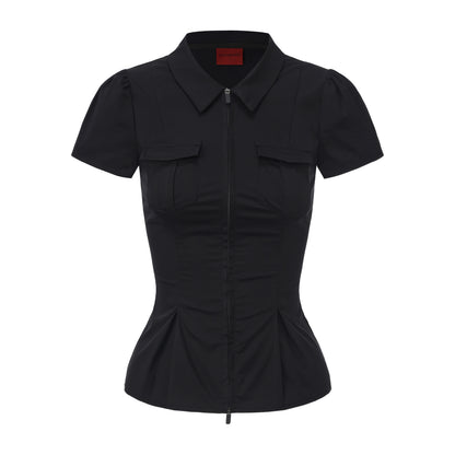 ONNASENSHI_Ruched_Puff_Sleeve_Zipper_Collar_Women&