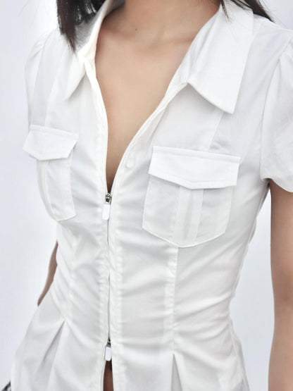 ONNASENSHI Ruched Puff Sleeve Zipper Collar Women&