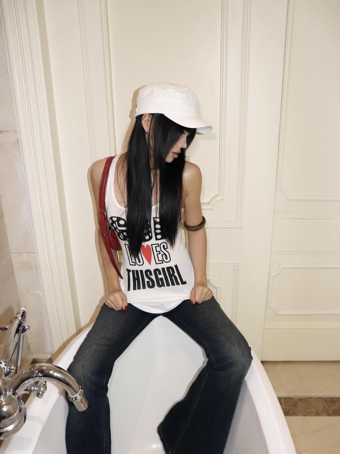 ONNASENSHI Sheer Printed Letter Racerback Long Fitted Women&