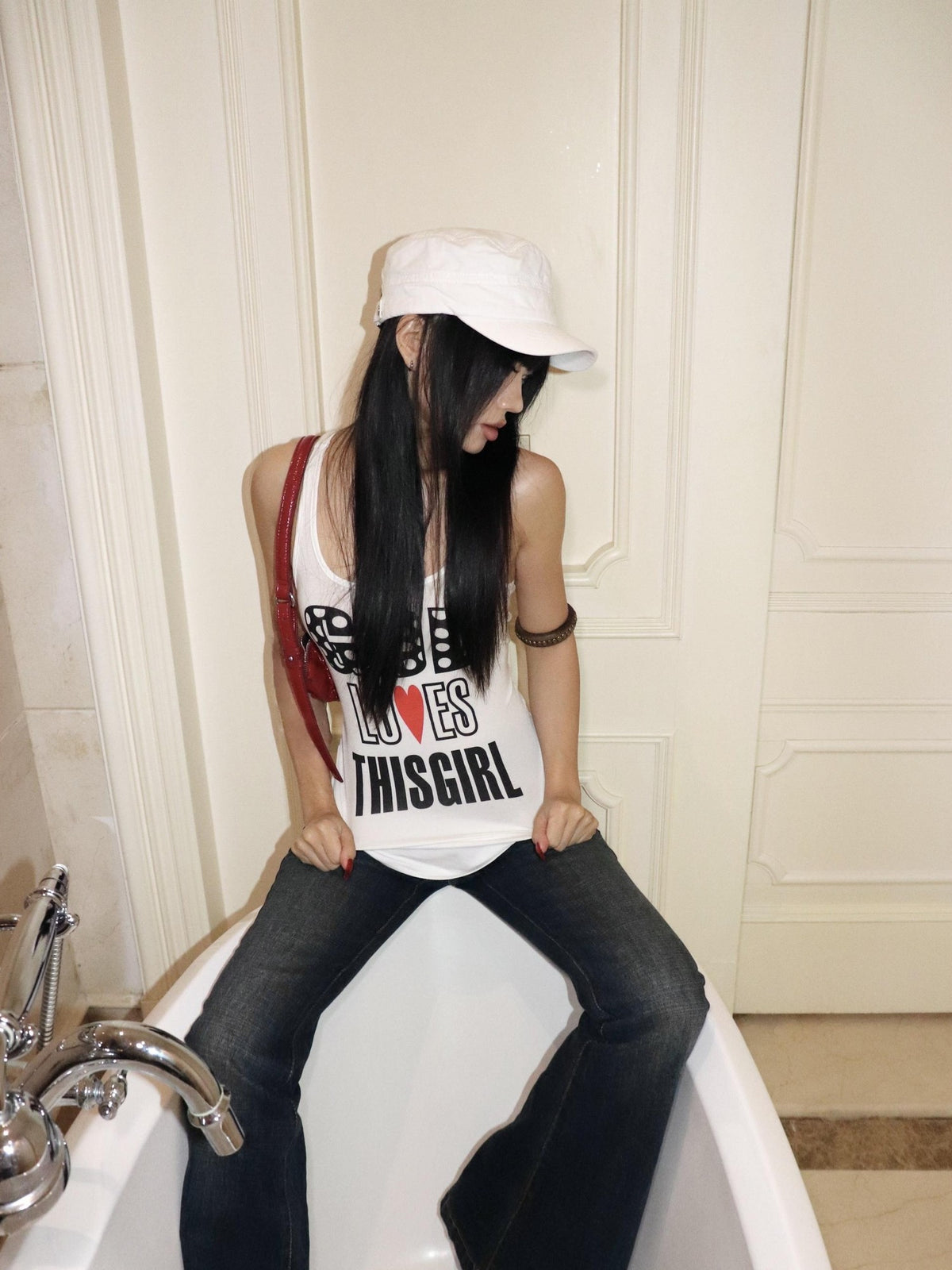 ONNASENSHI Sheer Printed Letter Racerback Long Fitted Women&