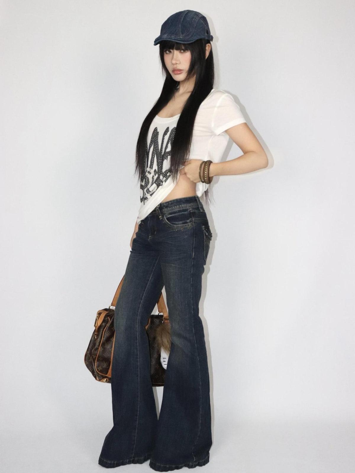 ONNASENSHI Studded Washed Vintage Low Rise Slim Women&