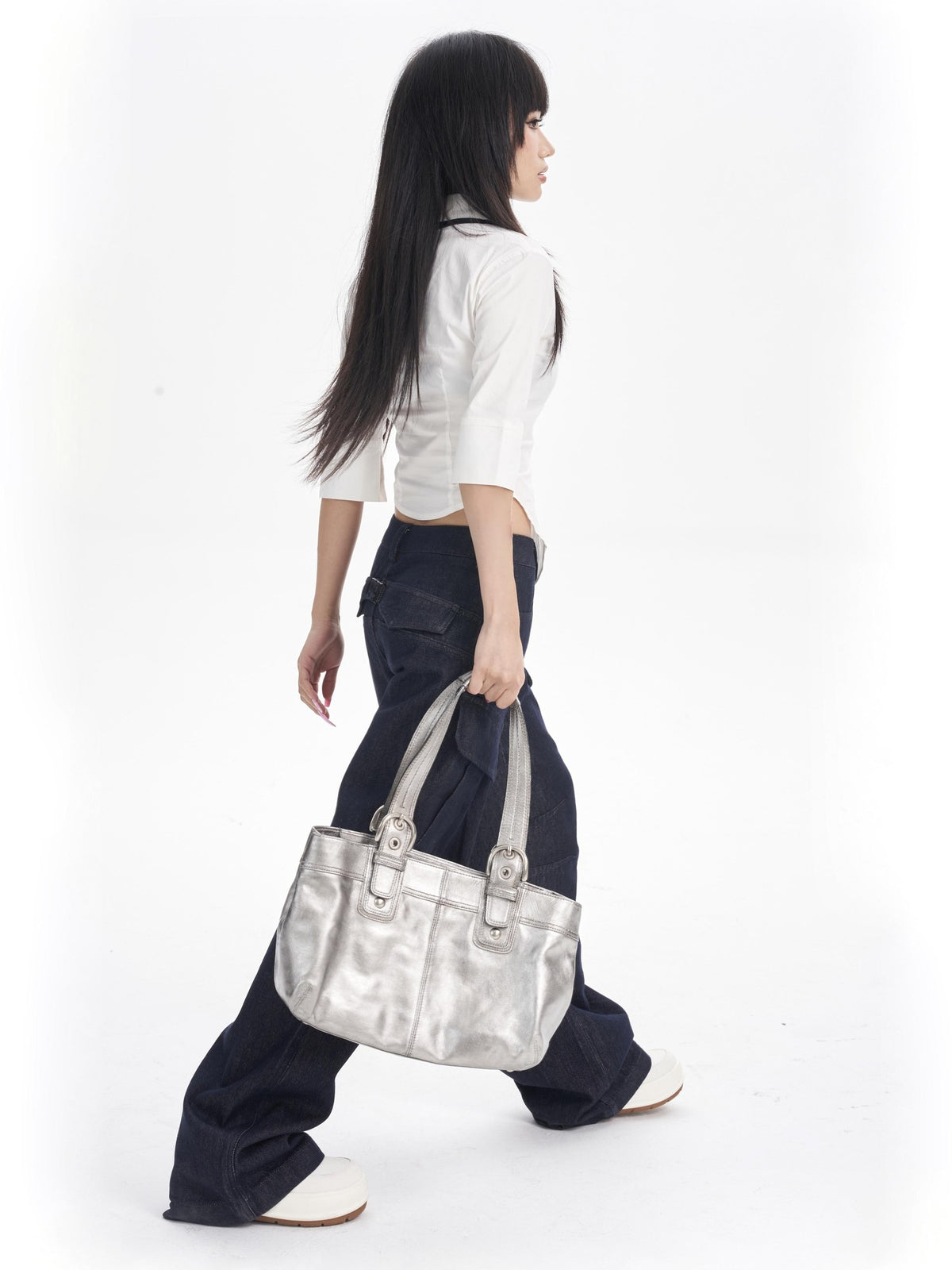 ONNASENSHI Washed Deep Indigo Pleated Relaxed Natural Waist Women&