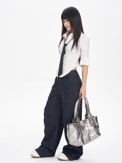 ONNASENSHI Washed Deep Indigo Pleated Relaxed Natural Waist Women&