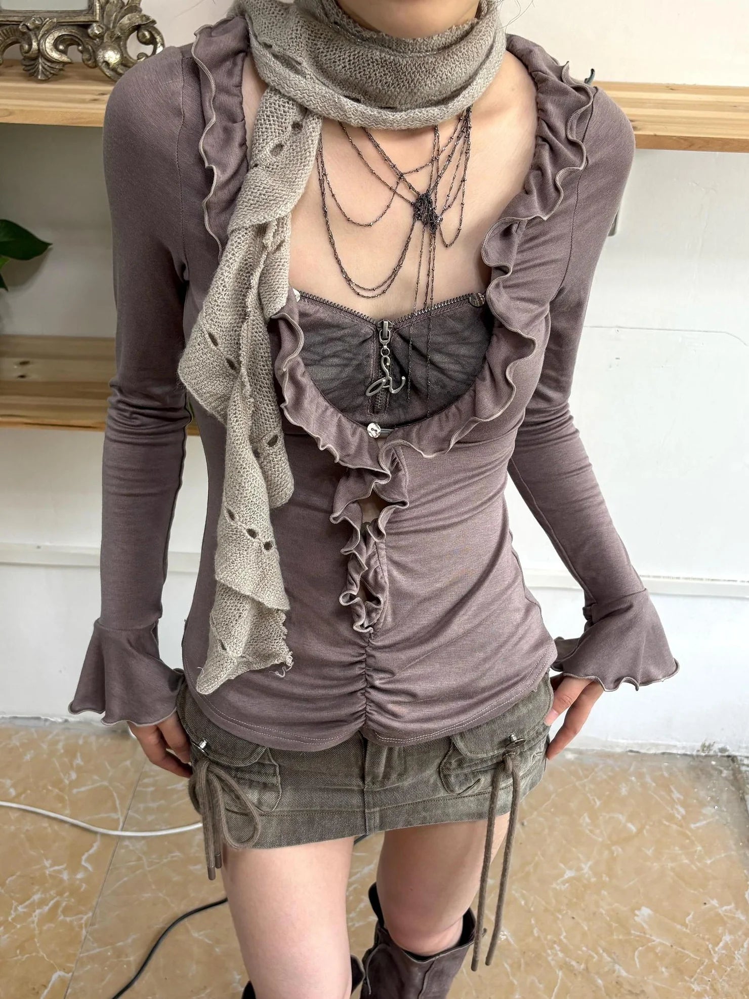 OPEN AESTHETIC 100 Percent Cotton Fitted Vintage Ruffle Collar Long Sleeve Women T-Shirt