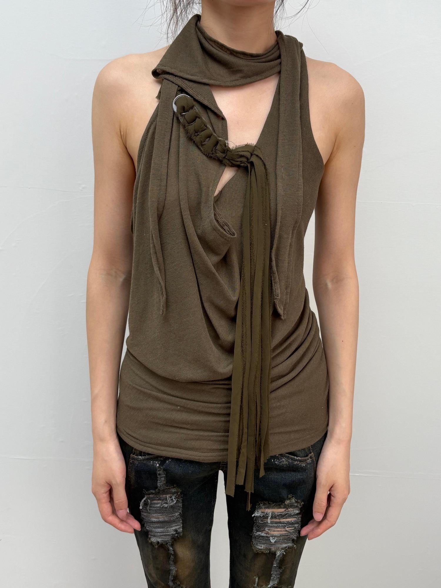 OPEN AESTHETIC Army Green Ruched Draped Cowl Neck Slim Fit Women&