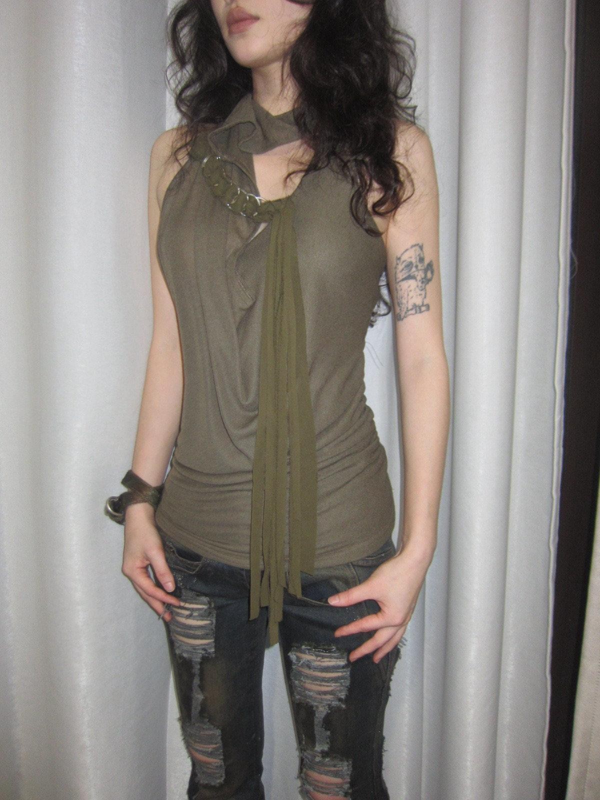 OPEN AESTHETIC Army Green Ruched Draped Cowl Neck Slim Fit Women&
