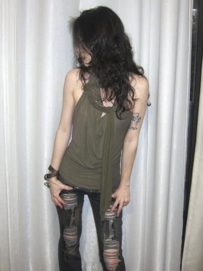 OPEN AESTHETIC Army Green Ruched Draped Cowl Neck Slim Fit Women&