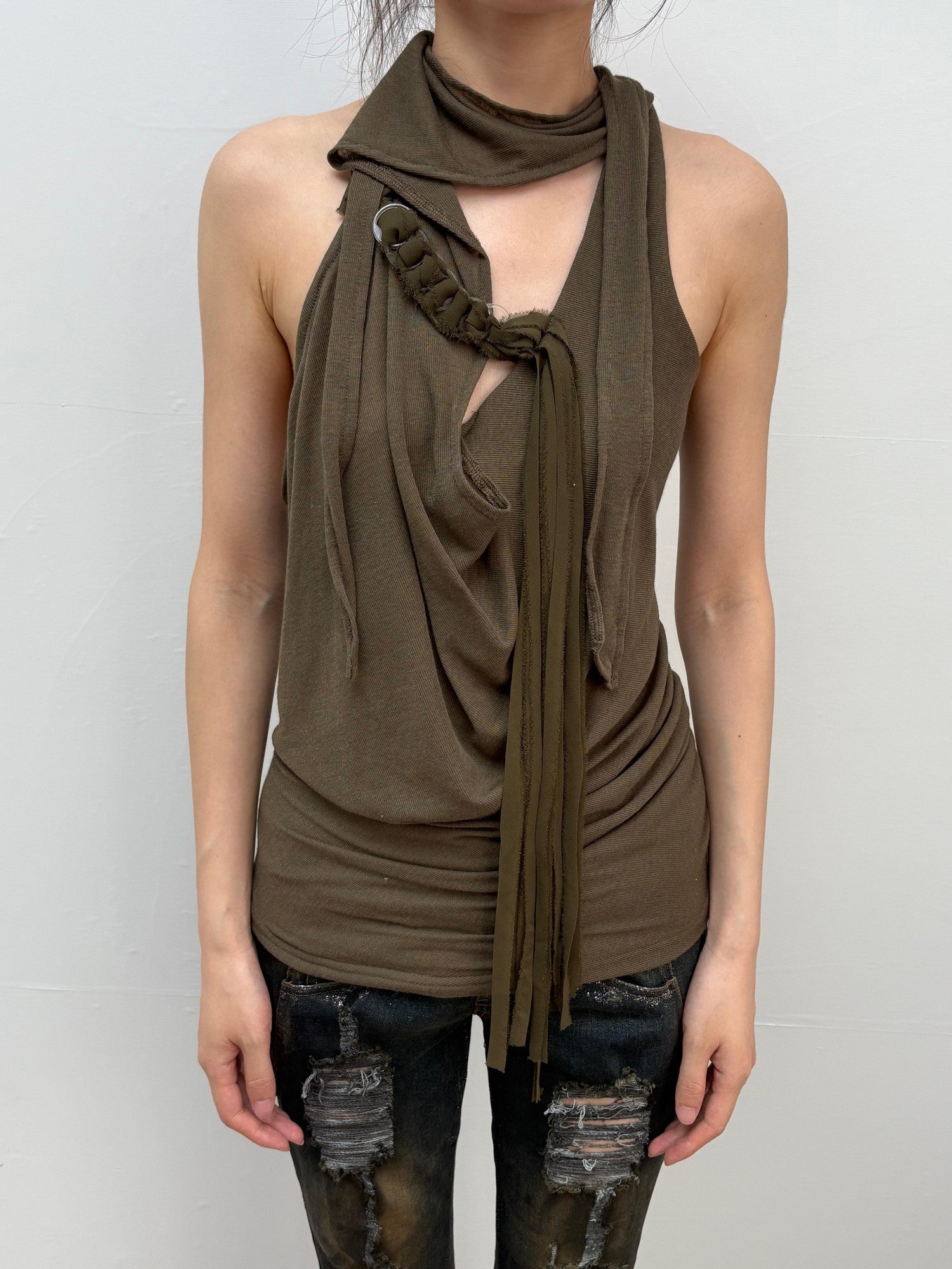 OPEN AESTHETIC Army Green Ruched Draped Cowl Neck Slim Fit Women&