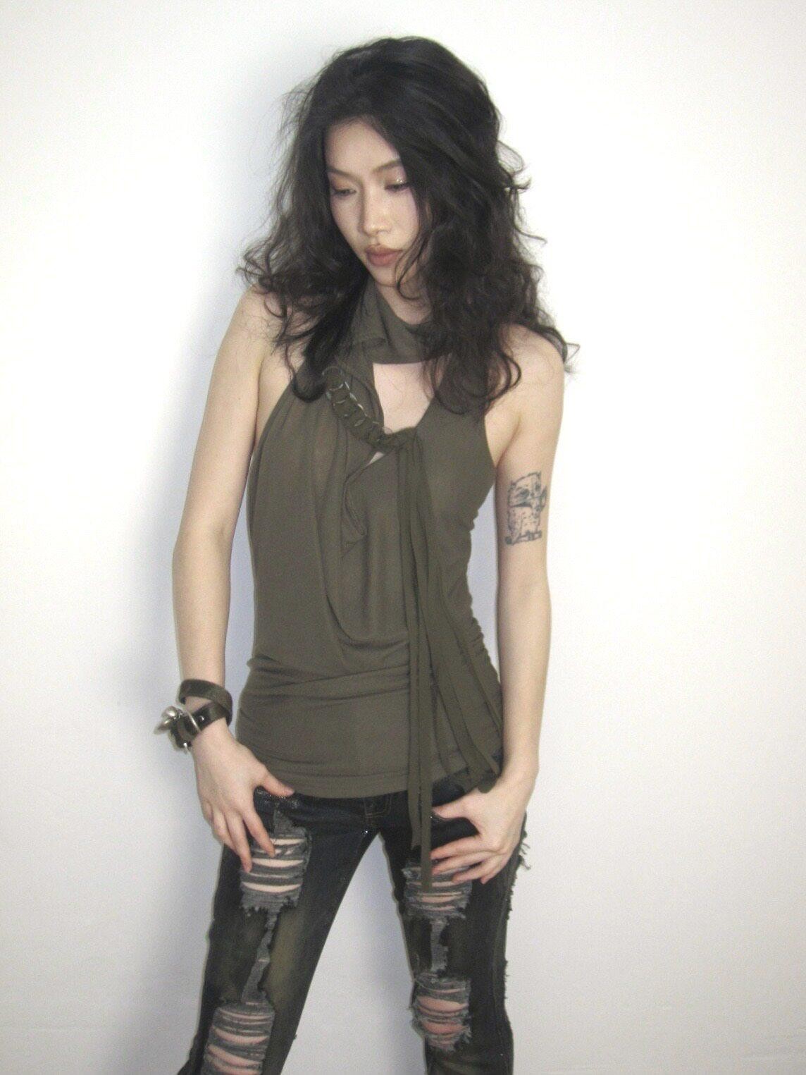 OPEN AESTHETIC Army Green Ruched Draped Cowl Neck Slim Fit Women&