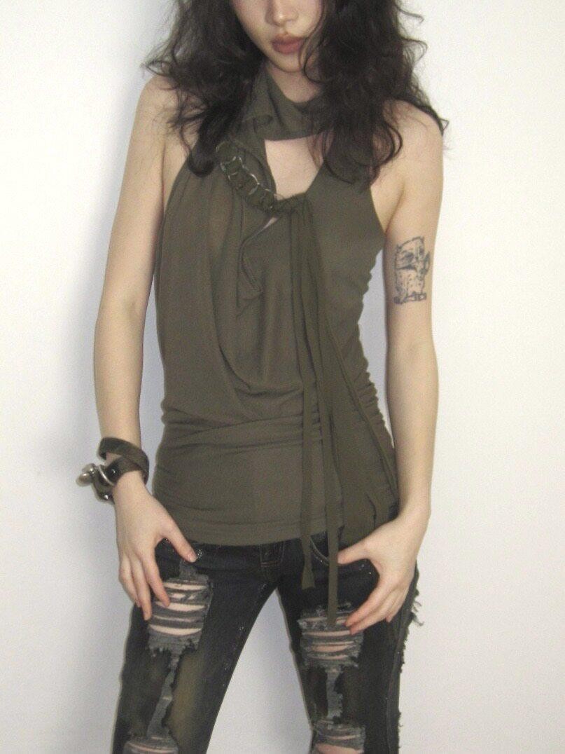 OPEN AESTHETIC Army Green Ruched Draped Cowl Neck Slim Fit Women&