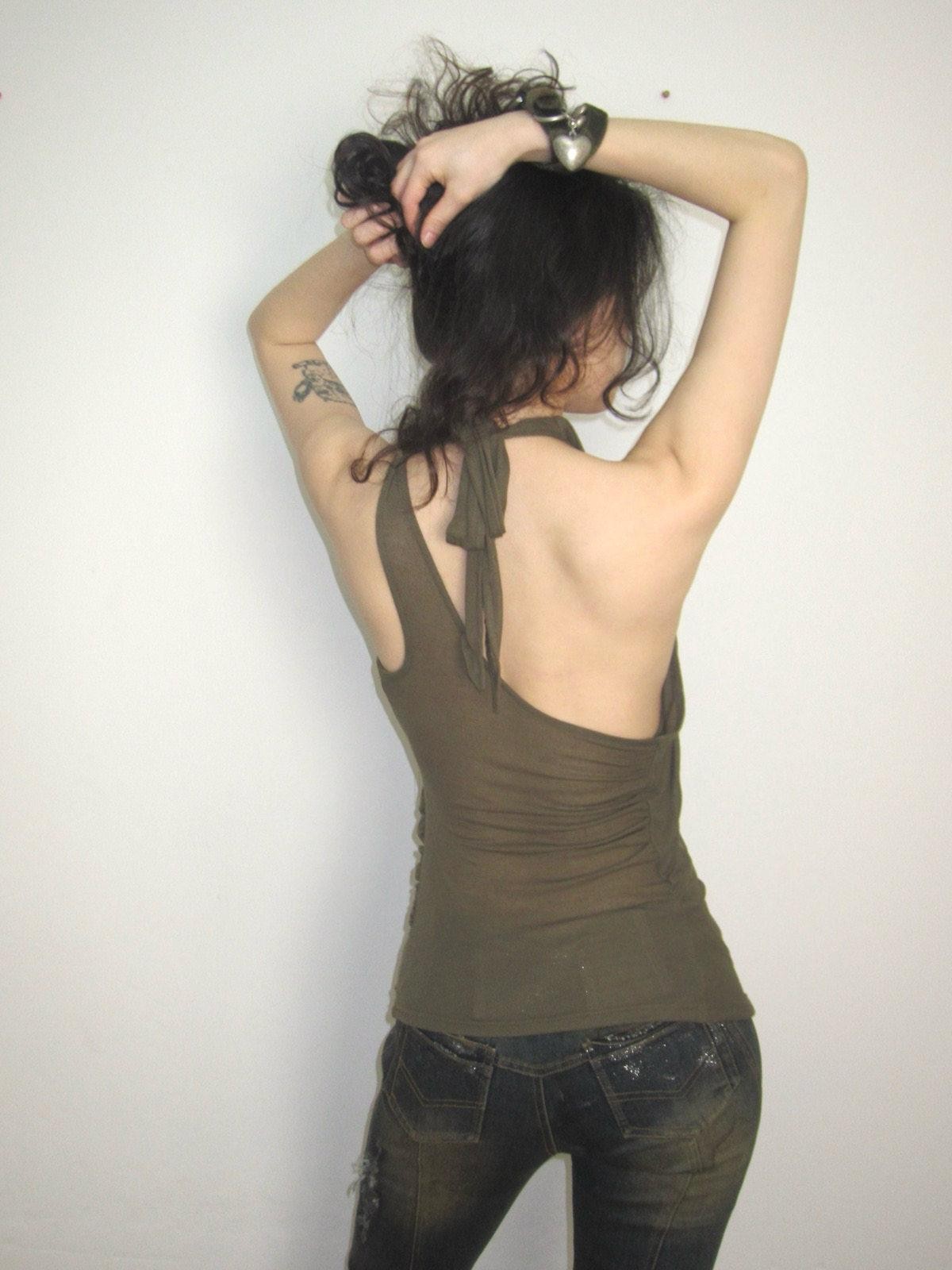 OPEN AESTHETIC Army Green Ruched Draped Cowl Neck Slim Fit Women&