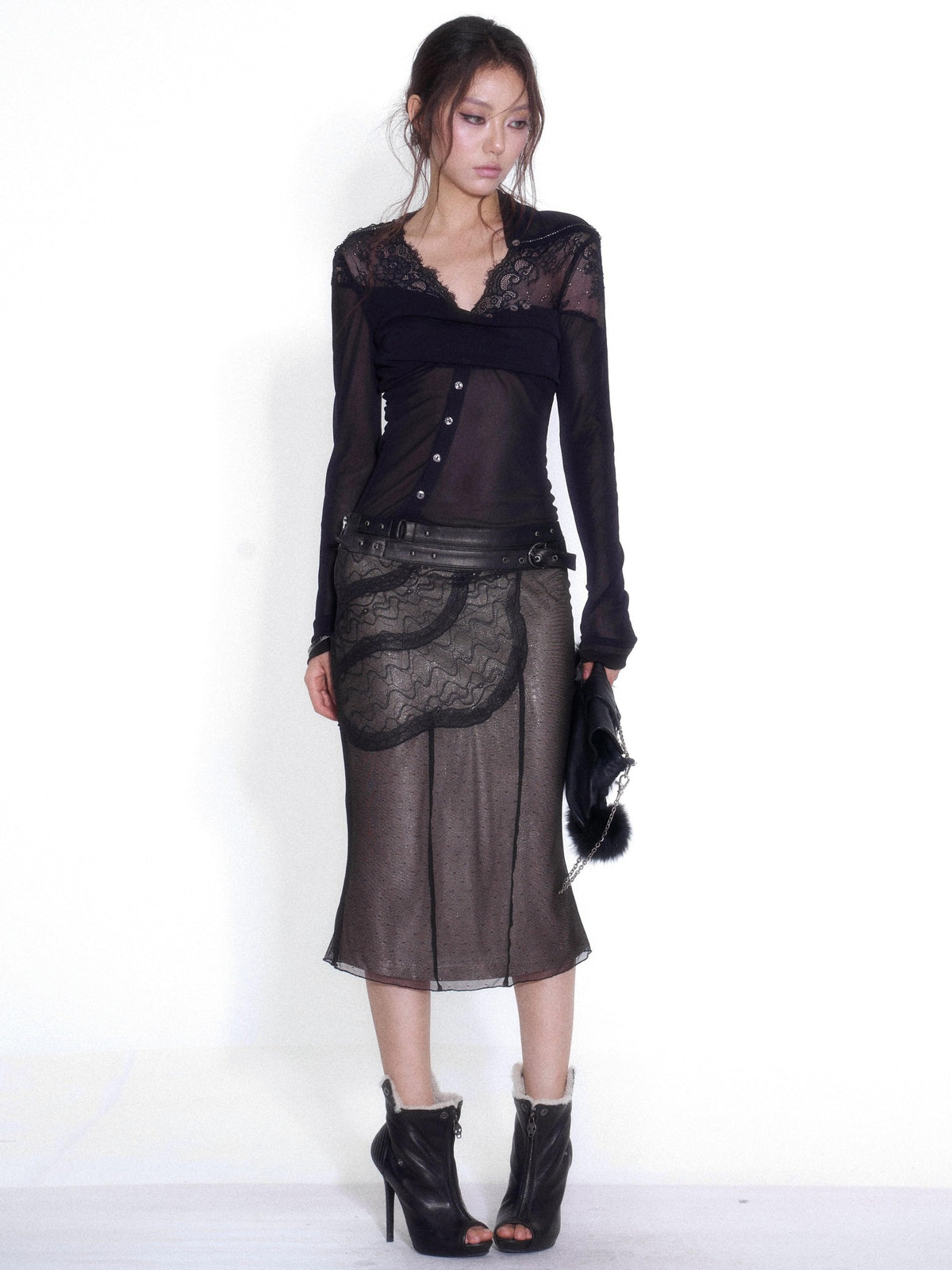 OPEN AESTHETIC Asymmetric Lace Layered Studded Low Rise Straight Women&