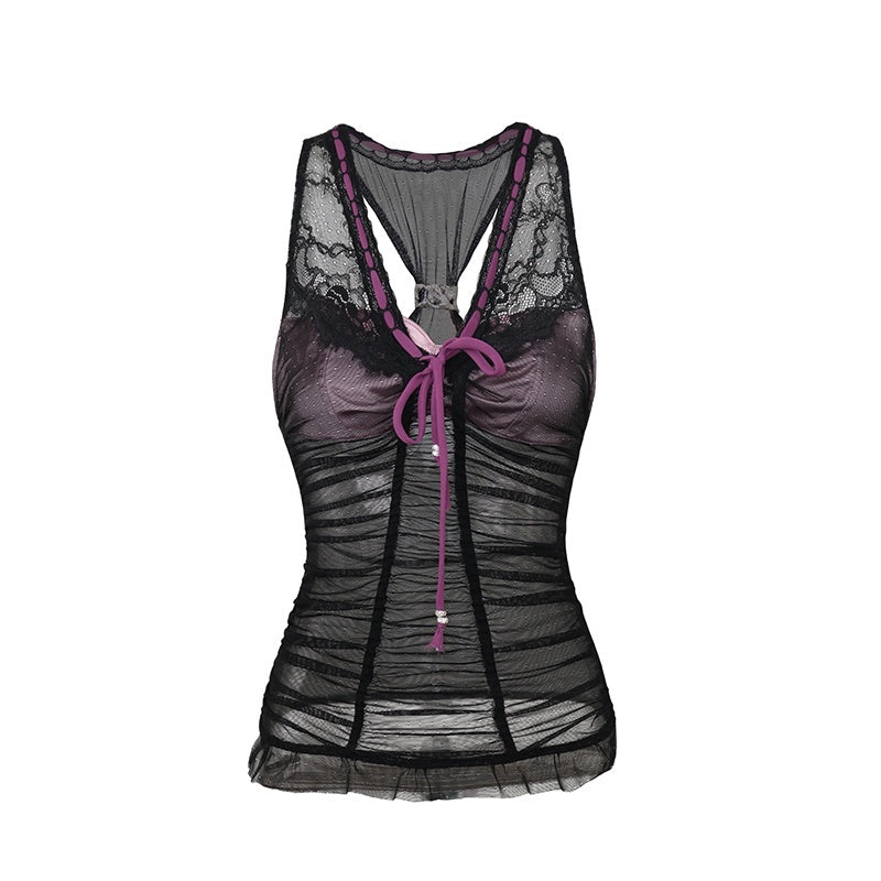OPEN_AESTHETIC_Black_Lace_Mesh_Splice_Layered_Ruching_Tie_Halter_V-neck_Women&