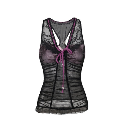 OPEN_AESTHETIC_Black_Lace_Mesh_Splice_Layered_Ruching_Tie_Halter_V-neck_Women&
