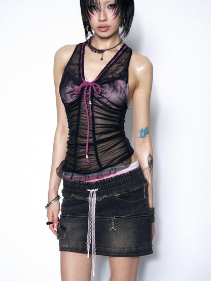OPEN AESTHETIC Black Lace Mesh Splice Layered Ruching Tie Halter V-neck Women&