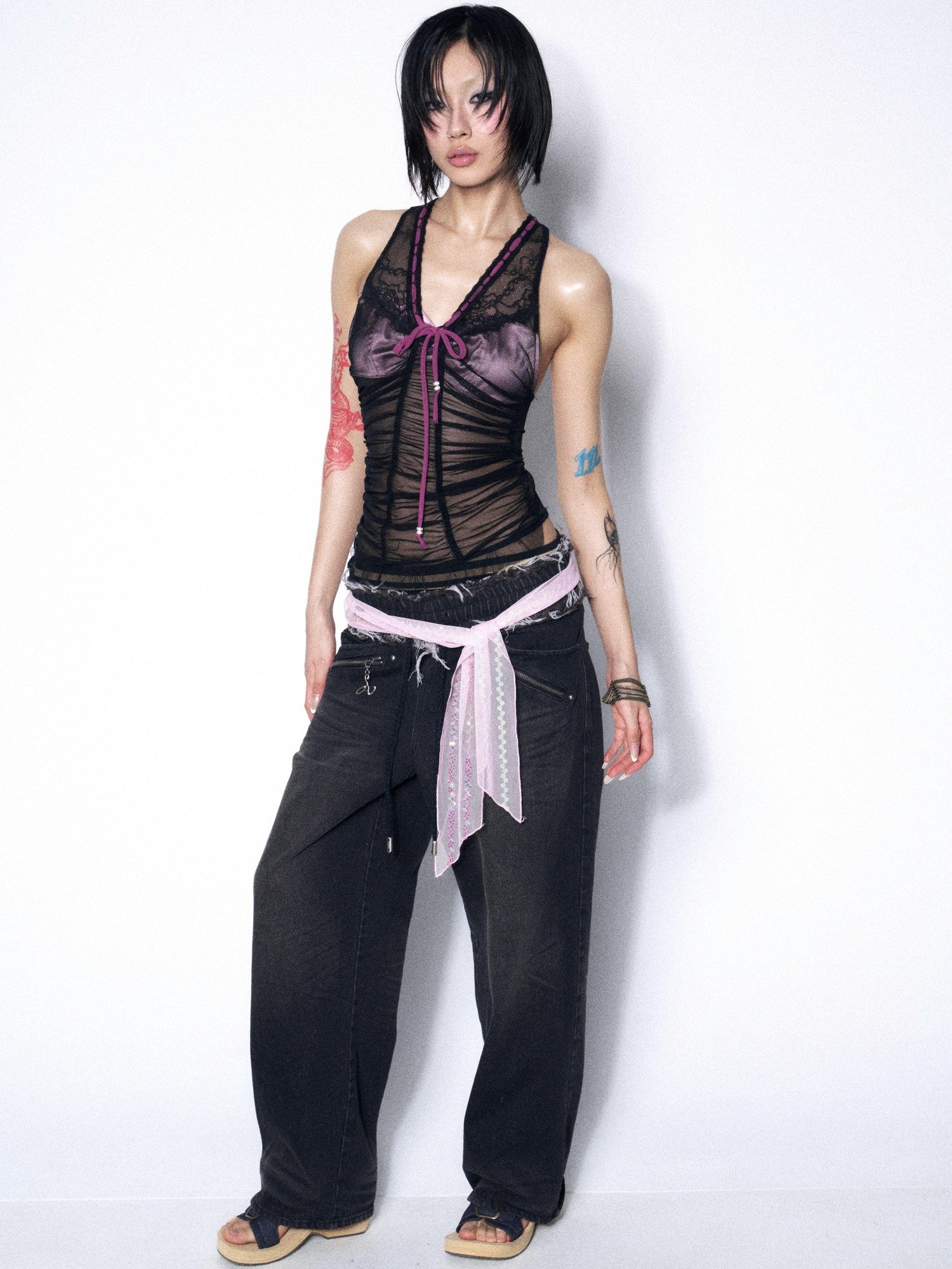 OPEN AESTHETIC Black Lace Mesh Splice Layered Ruching Tie Halter V-neck Women&