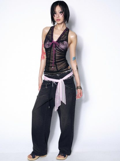 OPEN AESTHETIC Black Lace Mesh Splice Layered Ruching Tie Halter V-neck Women&