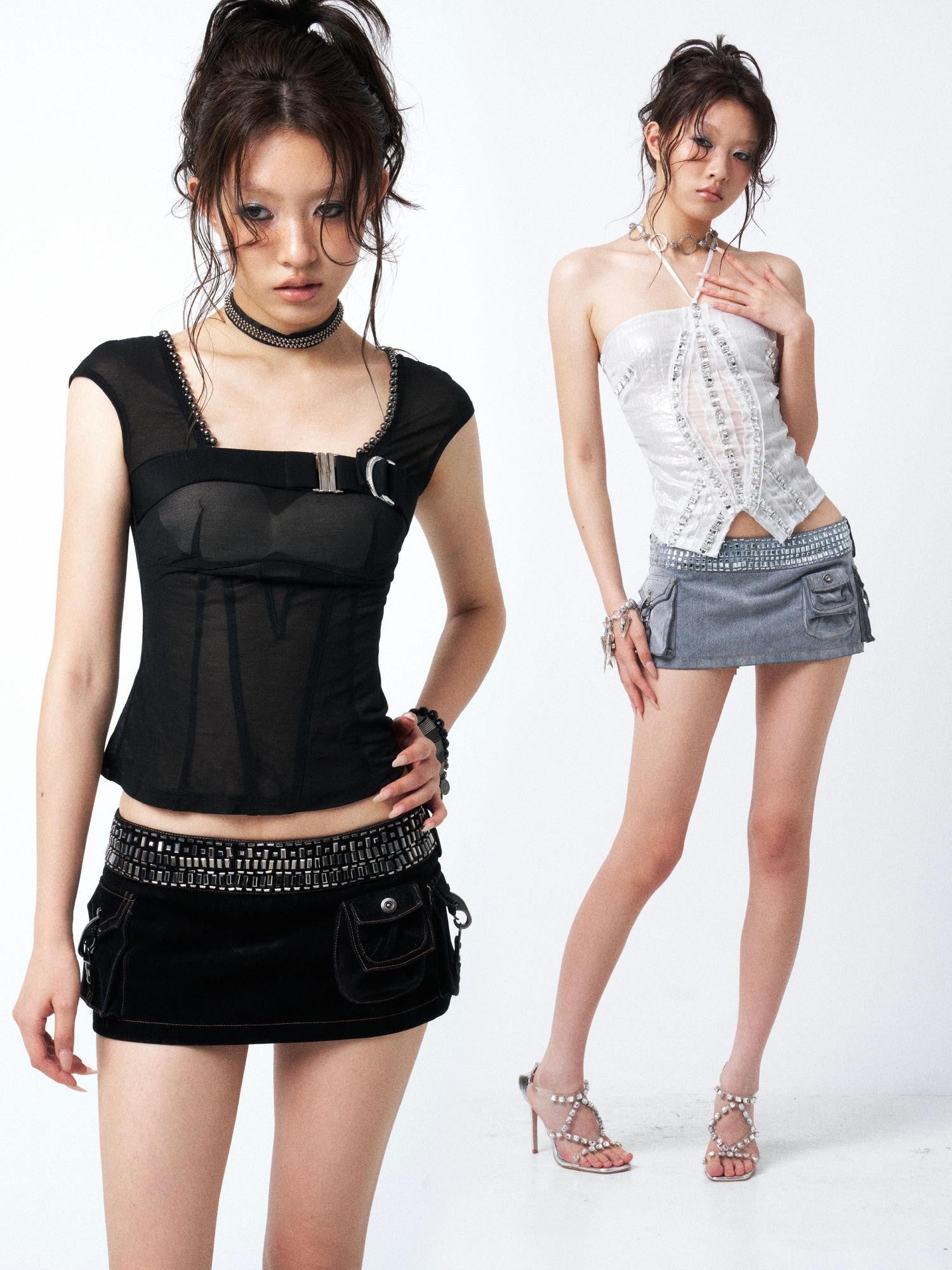 OPEN AESTHETIC Black Plaid Rhinestone Multi Pocket Low Waist A Line Women&