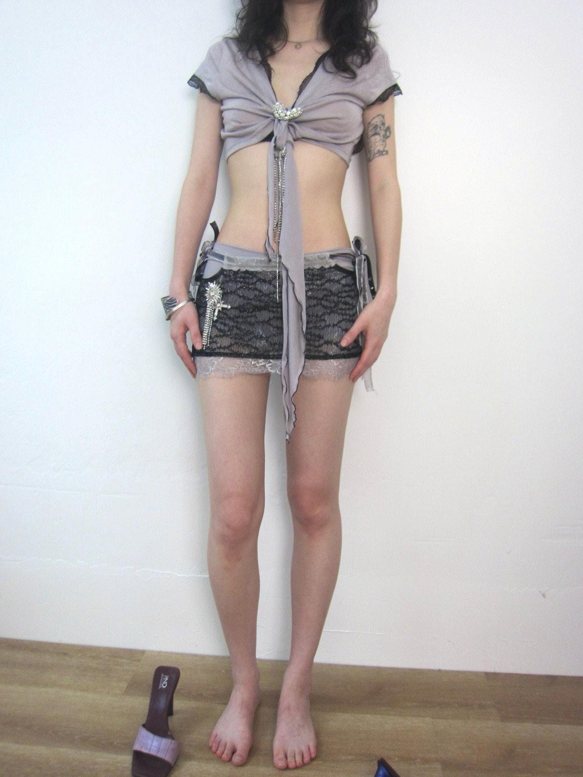 OPEN AESTHETIC Black Purple Lace Splice Lacing Rhinestone Low Waist Women&