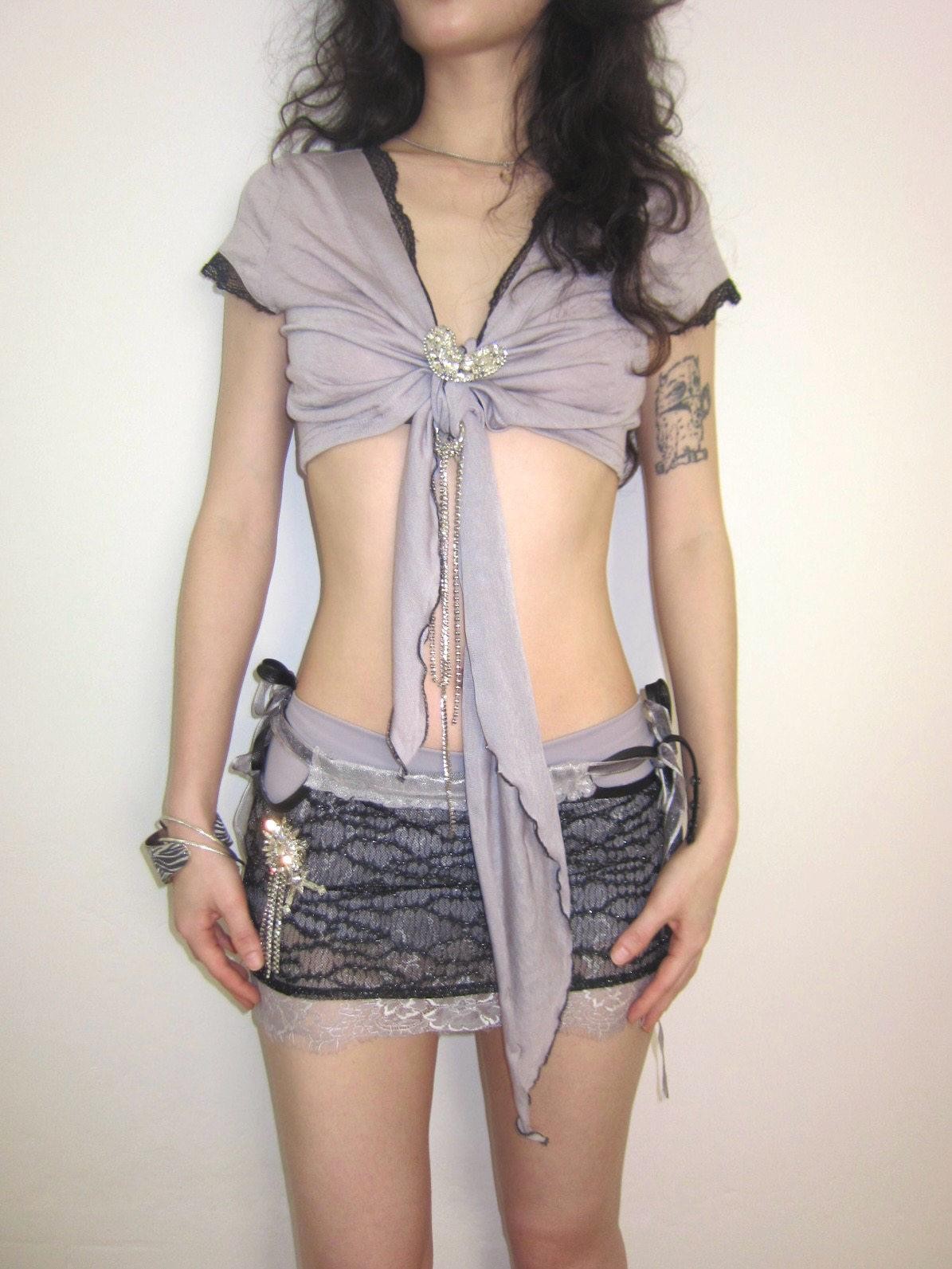 OPEN AESTHETIC Black Purple Lace Splice Lacing Rhinestone Low Waist Women&
