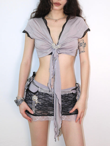 OPEN AESTHETIC Black Purple Lace Splice Lacing Rhinestone Low Waist Women&