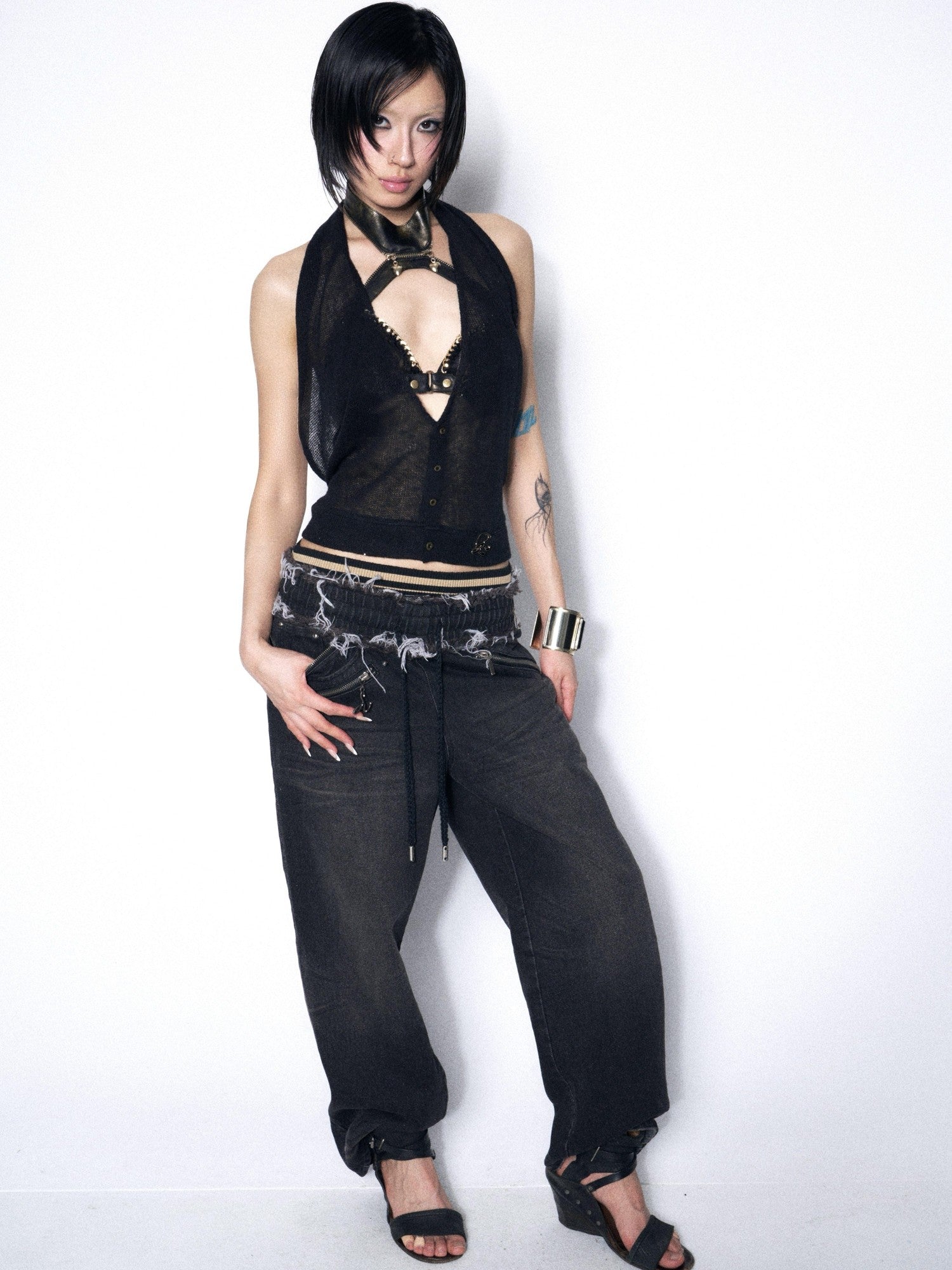 OPEN AESTHETIC Black Sexy Slimming Halter Buttoned Two Piece Women&