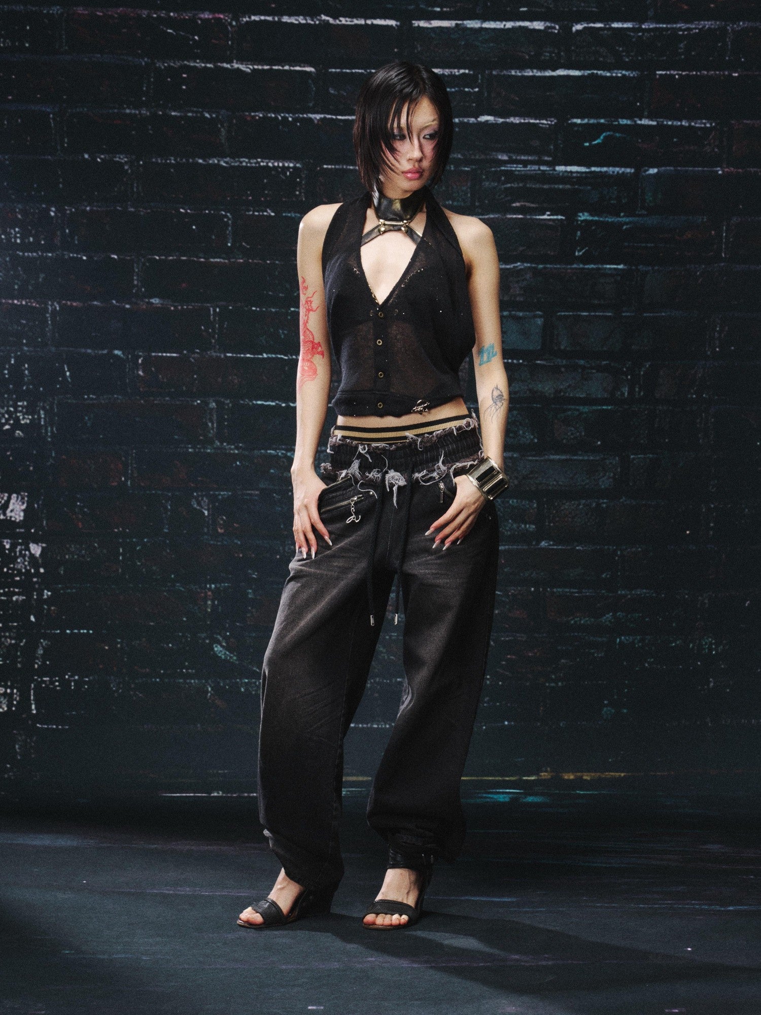 OPEN AESTHETIC Black Sexy Slimming Halter Buttoned Two Piece Women&