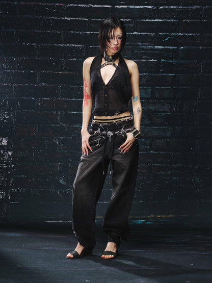 OPEN AESTHETIC Black Sexy Slimming Halter Buttoned Two Piece Women&