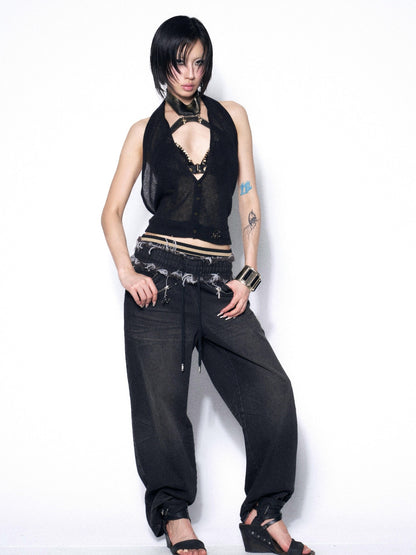 OPEN AESTHETIC Black Sexy Slimming Halter Buttoned Two Piece Women&