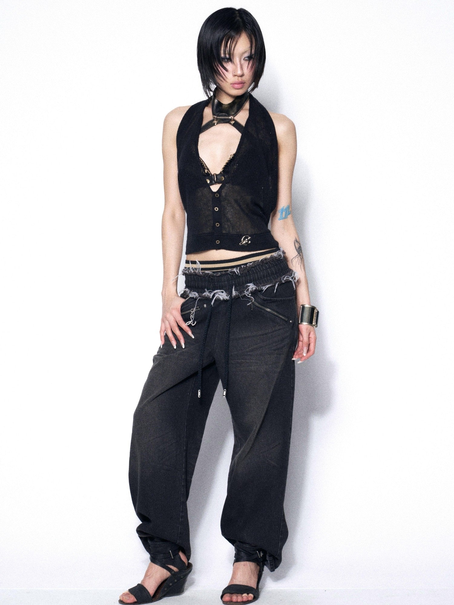 OPEN AESTHETIC Black Sexy Slimming Halter Buttoned Two Piece Women&