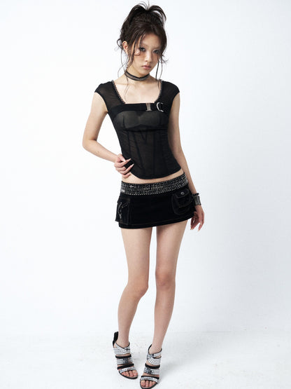 OPEN AESTHETIC Black Square Neck Metal Buckle Beaded Chain Women&