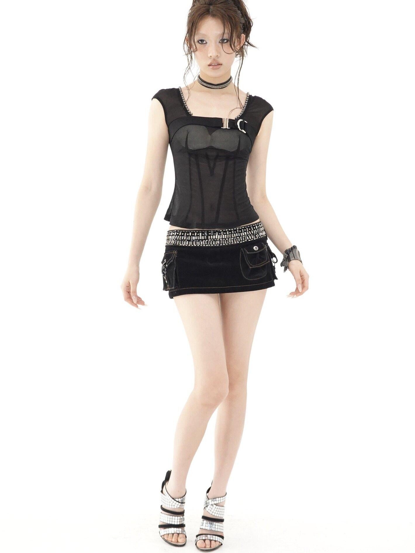 OPEN AESTHETIC Black Square Neck Metal Buckle Beaded Chain Women&