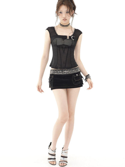 OPEN AESTHETIC Black Square Neck Metal Buckle Beaded Chain Women&