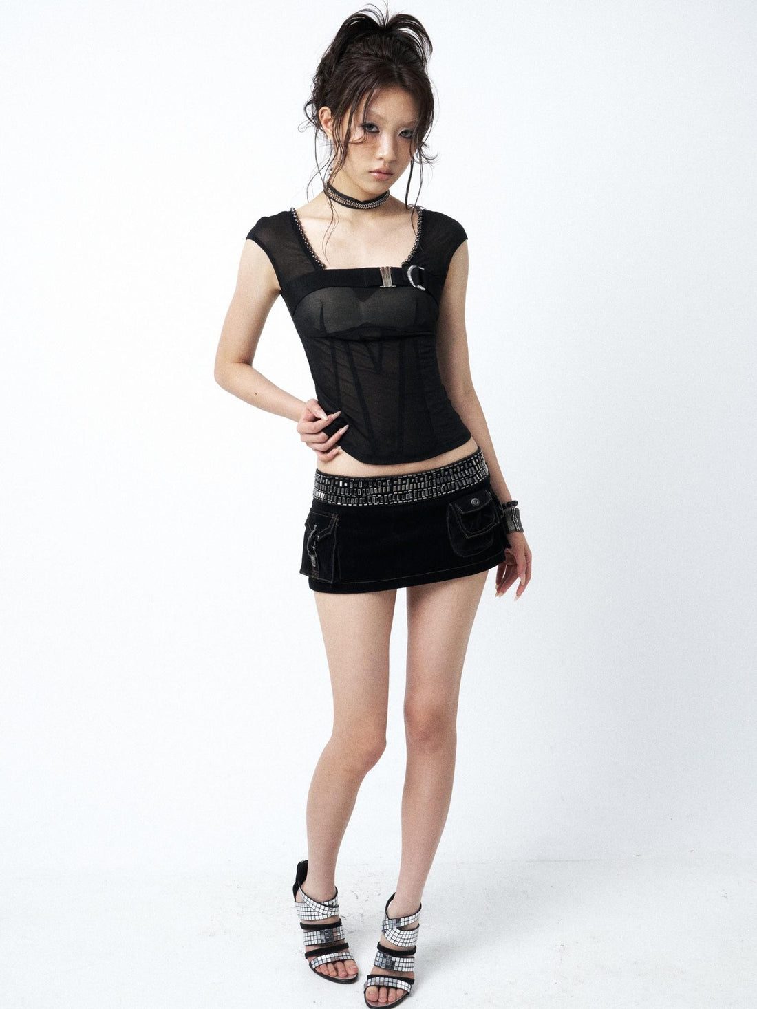 OPEN AESTHETIC Black Square Neck Metal Buckle Beaded Chain Women&