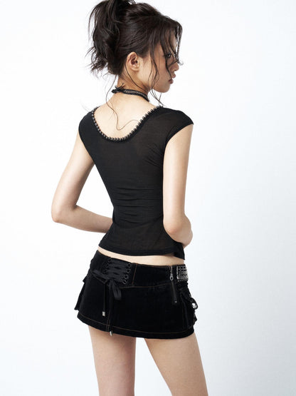 OPEN AESTHETIC Black Square Neck Metal Buckle Beaded Chain Women&