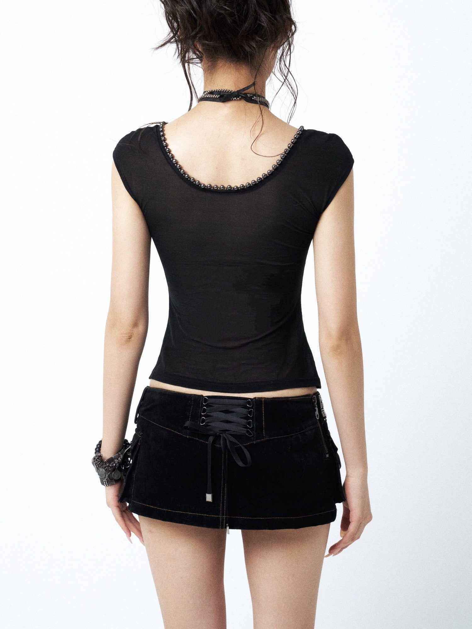 OPEN AESTHETIC Black Square Neck Metal Buckle Beaded Chain Women&