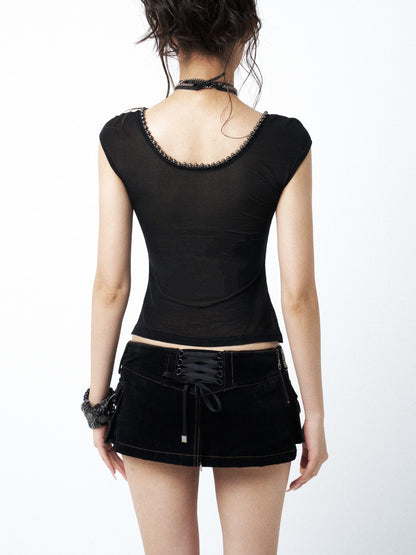 OPEN AESTHETIC Black Square Neck Metal Buckle Beaded Chain Women&