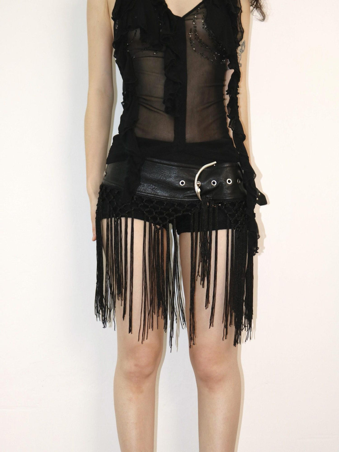 OPEN AESTHETIC Black Studded Rivet Crochet Tassel Leather Belt Women&
