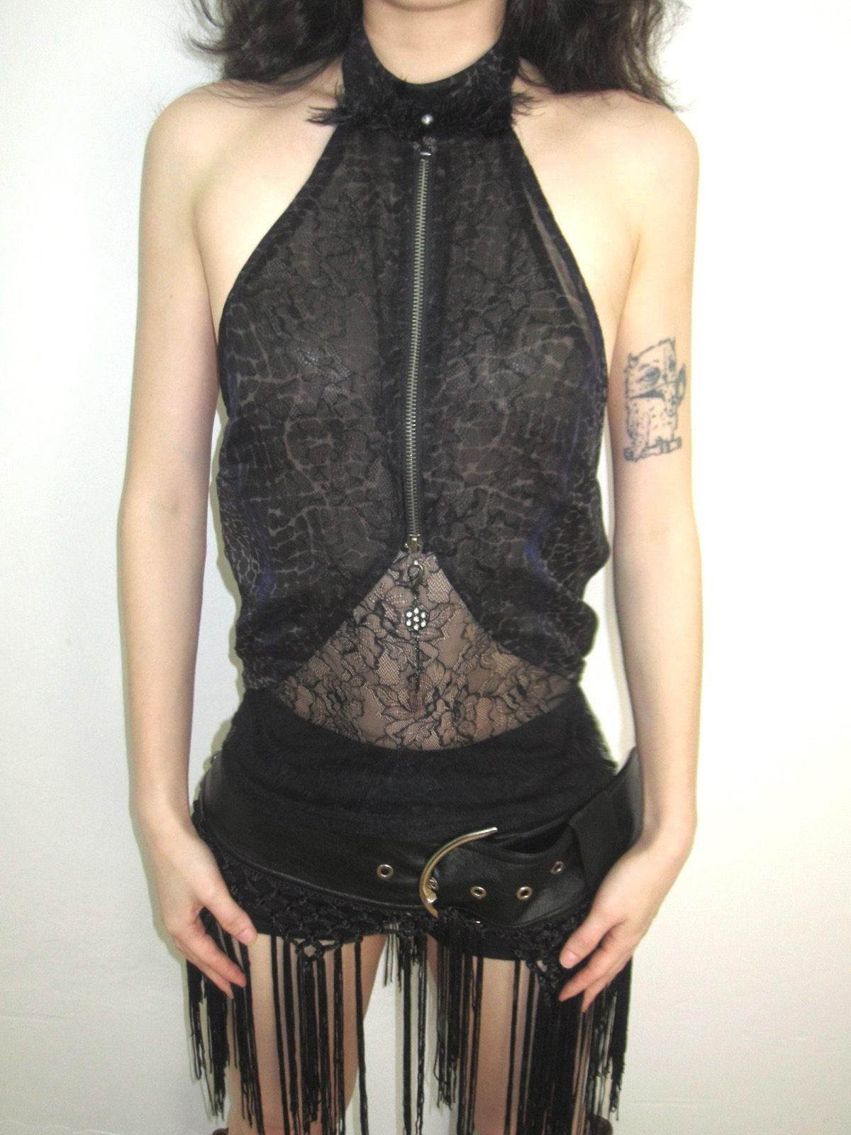 OPEN AESTHETIC Black Studded Rivet Crochet Tassel Leather Belt Women&